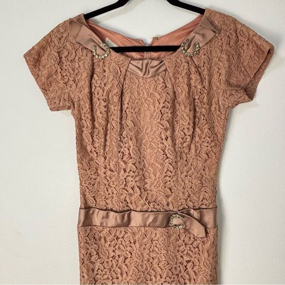 Vtg 50s 60s Lace Midi Dress Dusty Rose Sz S Mid-Century Elegant Old Money Party - Picture 5 of 13